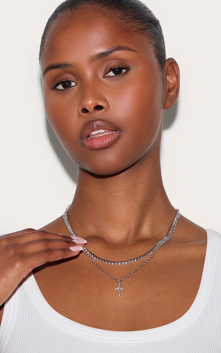 Silver Diamate Chain & Cross Multi Necklace image 3