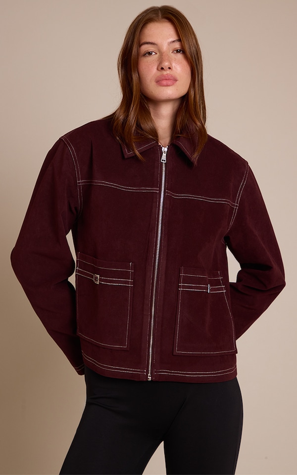 Burgundy Pocket Detail Faux Suede Jacket