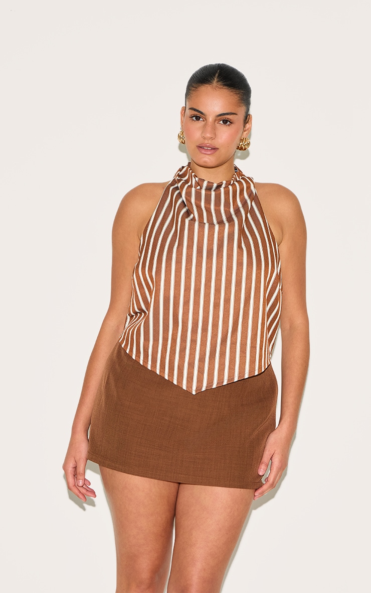 Plus Chestnut Cotton Look Striped Halterneck Top image 1