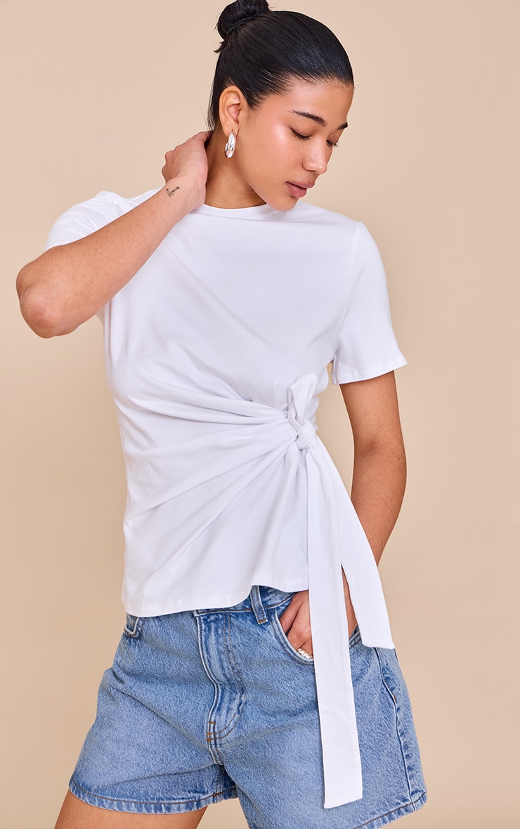 White Cotton Tie Detail Oversized T Shirt image 1