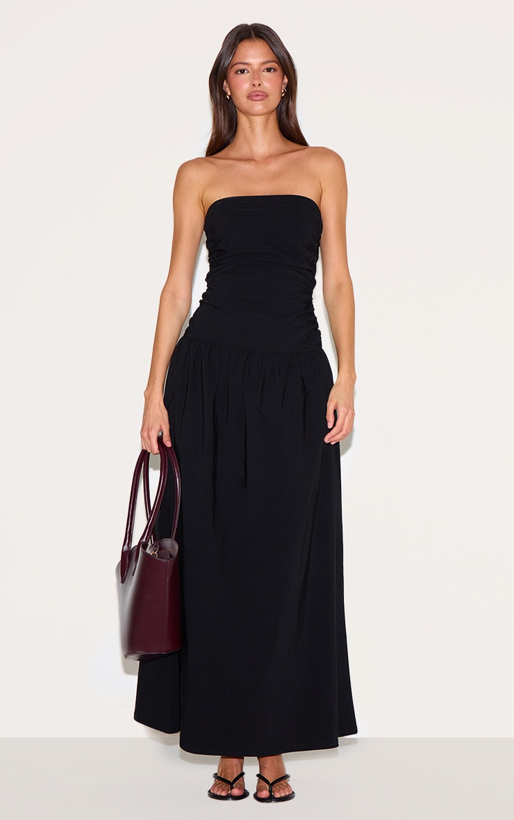 Black Stretch Woven Bandeau Ruched Maxi Dress