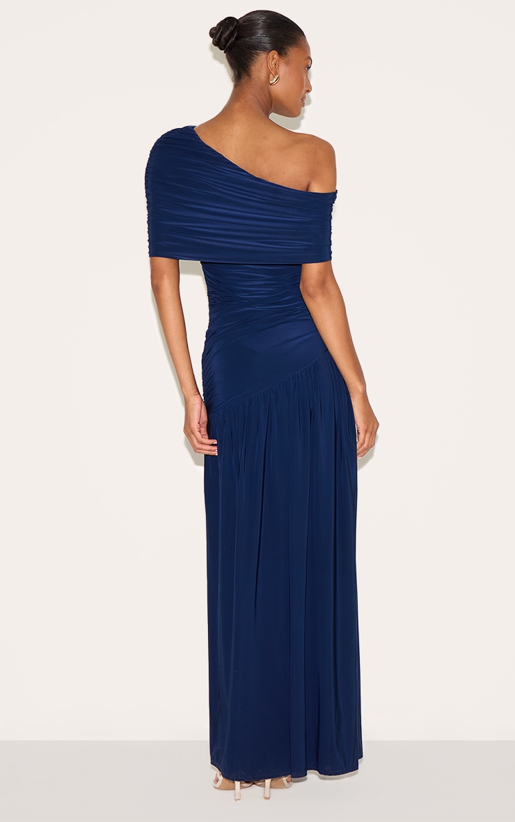 Navy Double Layer Slinky Bardot One Shoulder Ruched Maxi Dress image 2