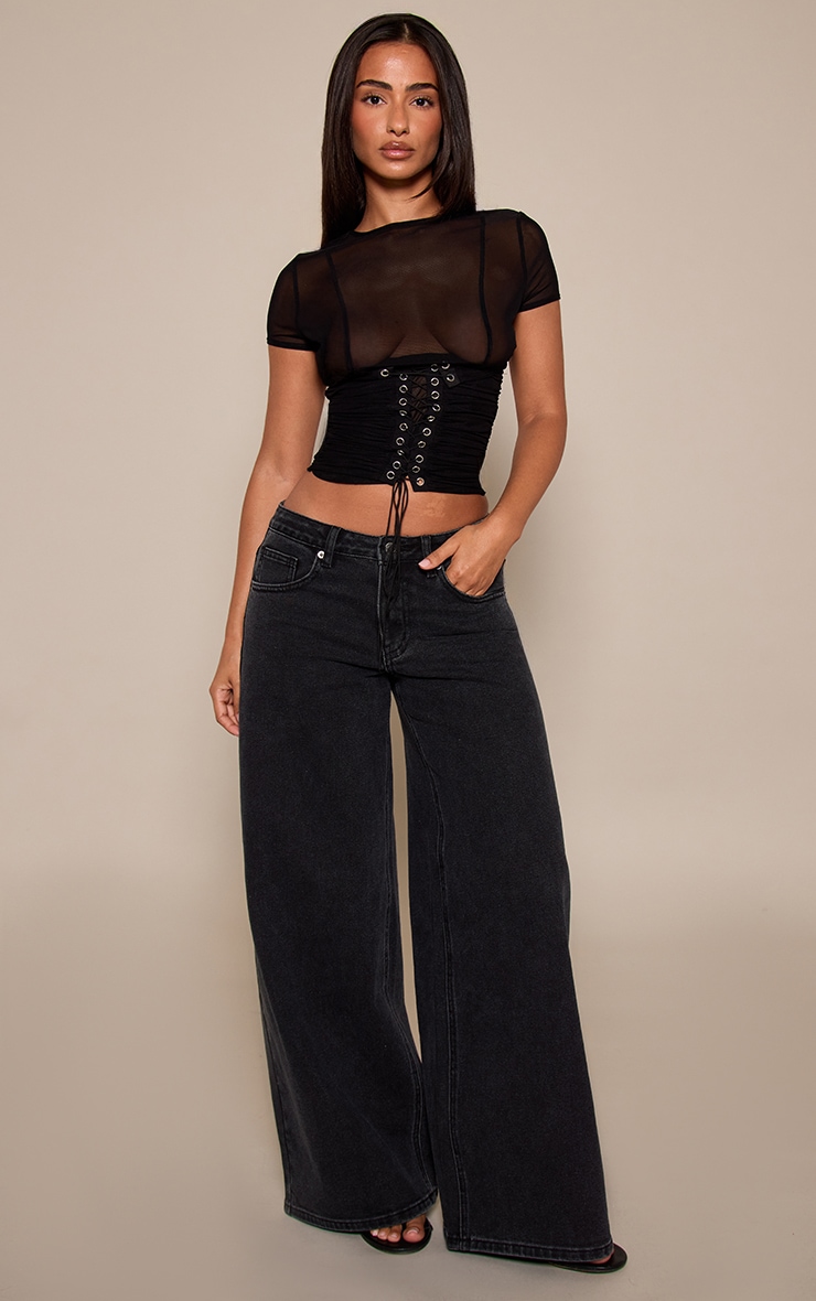 Petite Black Mesh Lace Up Front Top image 3