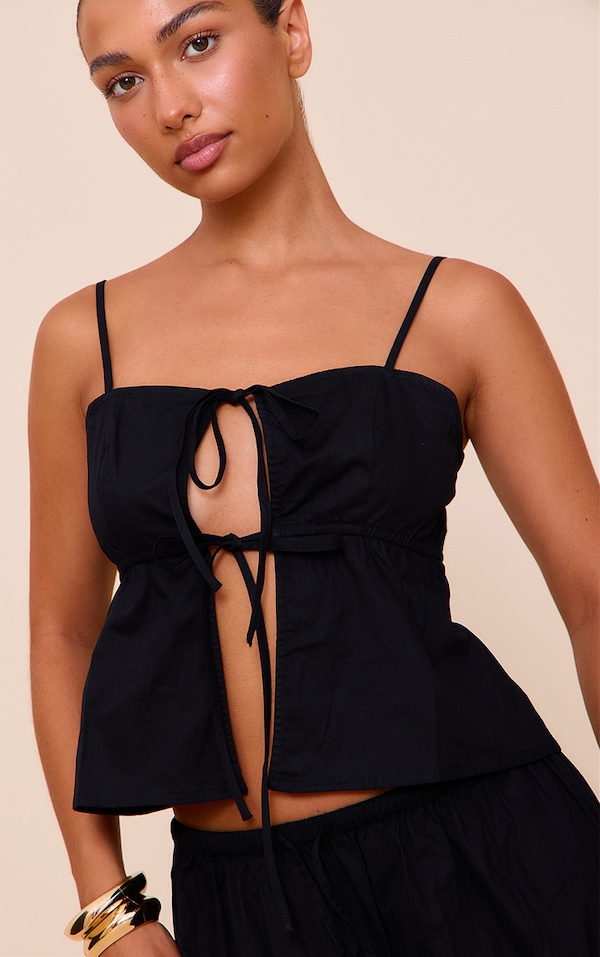 Black Cotton Poplin Tie Front Cami Top