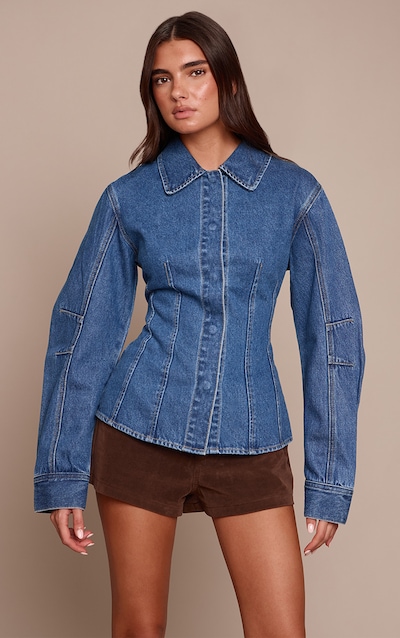Dark Blue Balloon Sleeve Cinched Denim Shirt