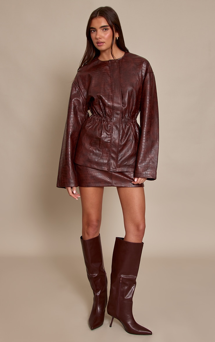 Brown Croc Faux Leather Cinched Waist Jacket image 3