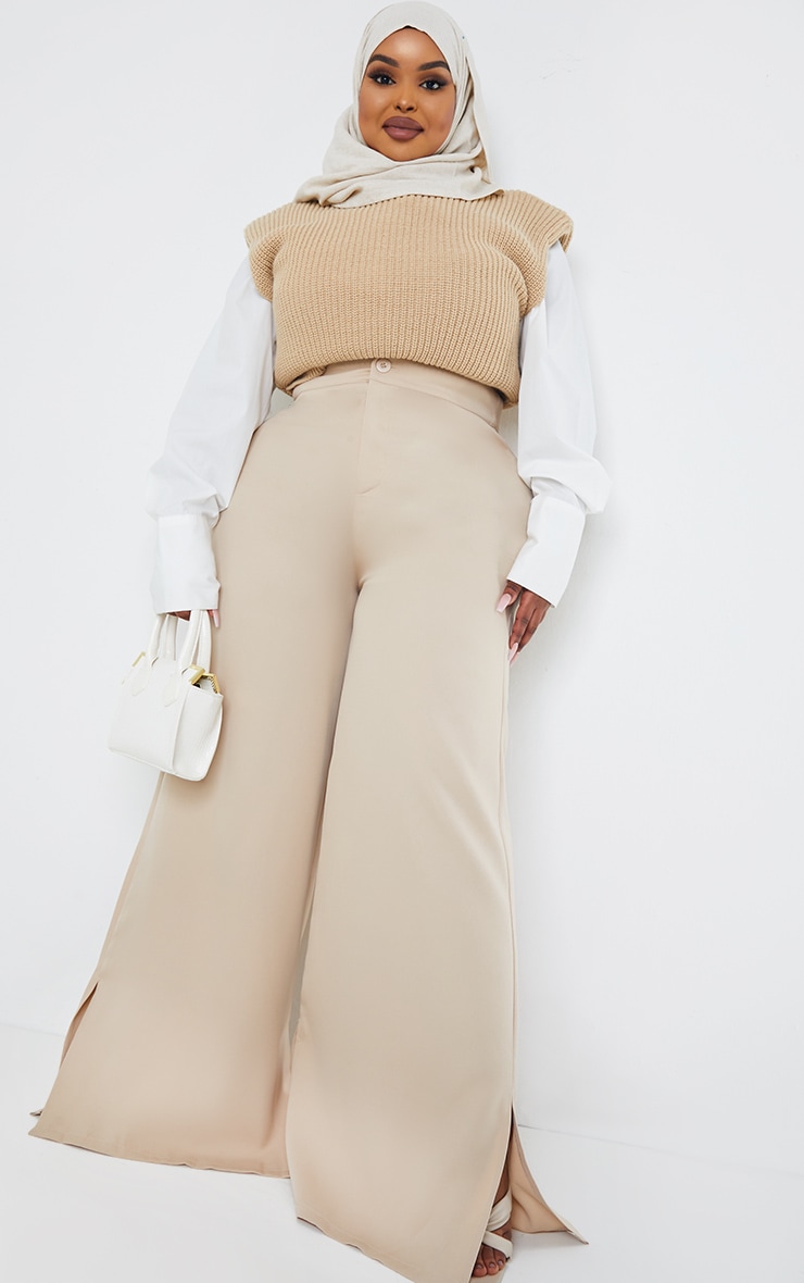 Plus Stone Satin Wide Leg Split Hem Pants