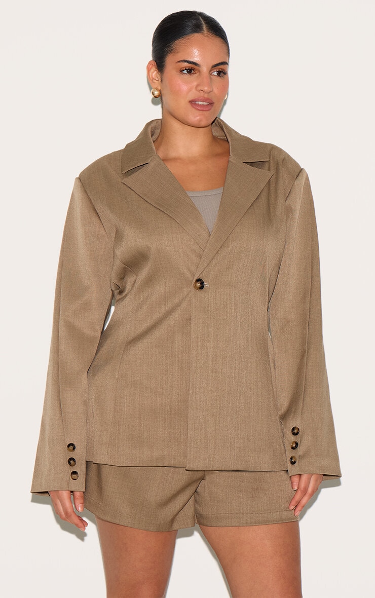 Plus Light Brown Tailored Woven Cinch Waist Blazer image 1