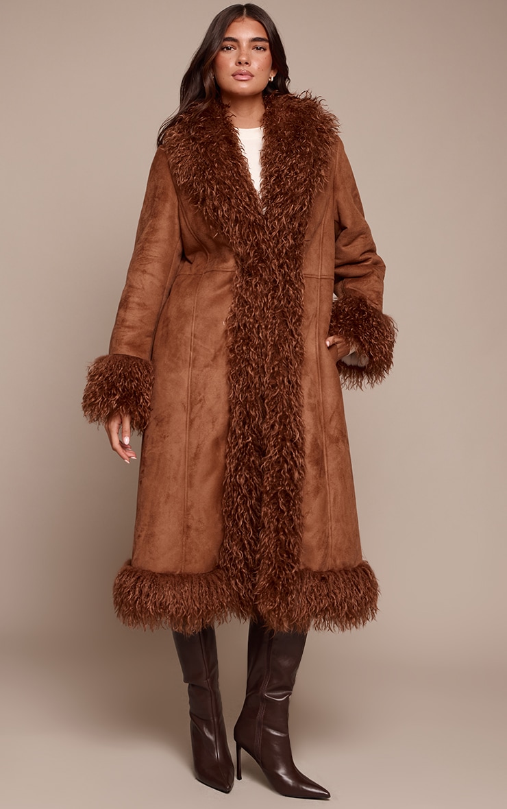 Tan Faux Fur Trim Maxi Coat image 3