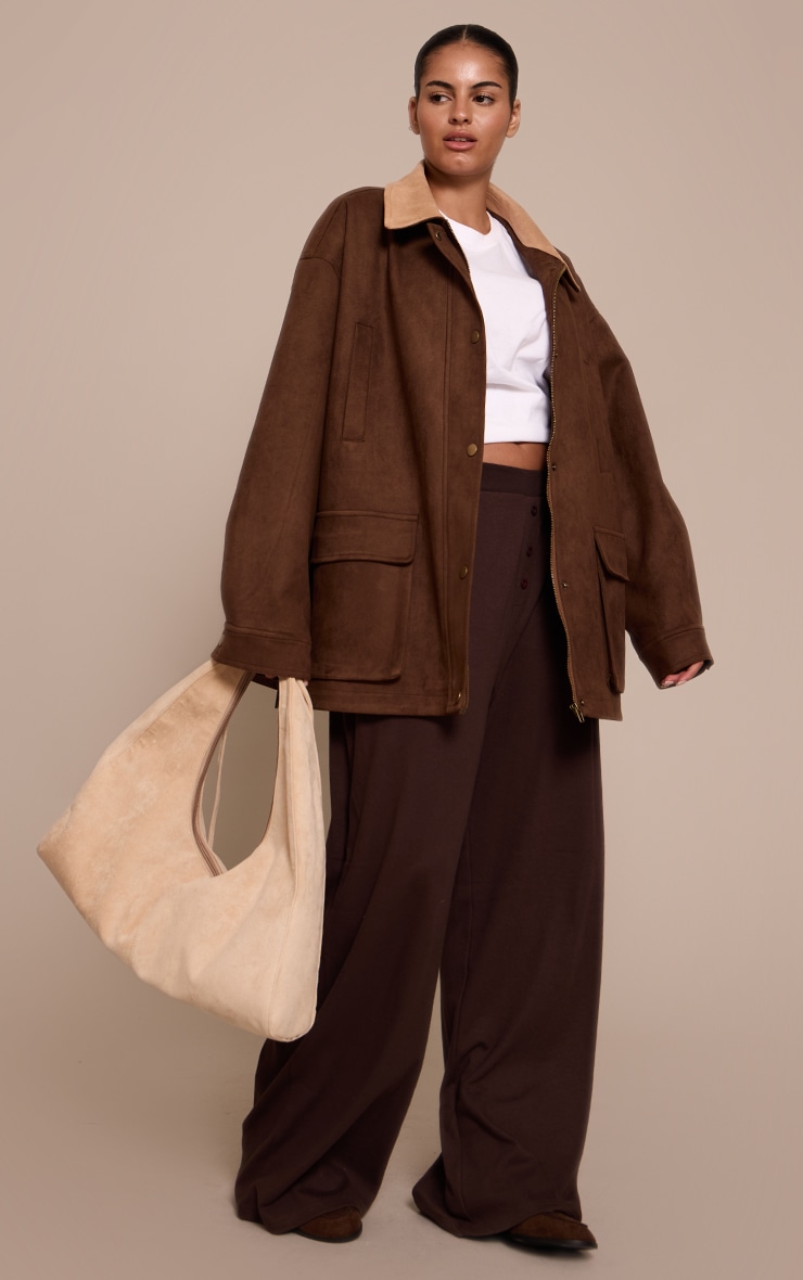 Plus Chocolate Oversized Pocket Detail Contrast Collar Jacket image 3