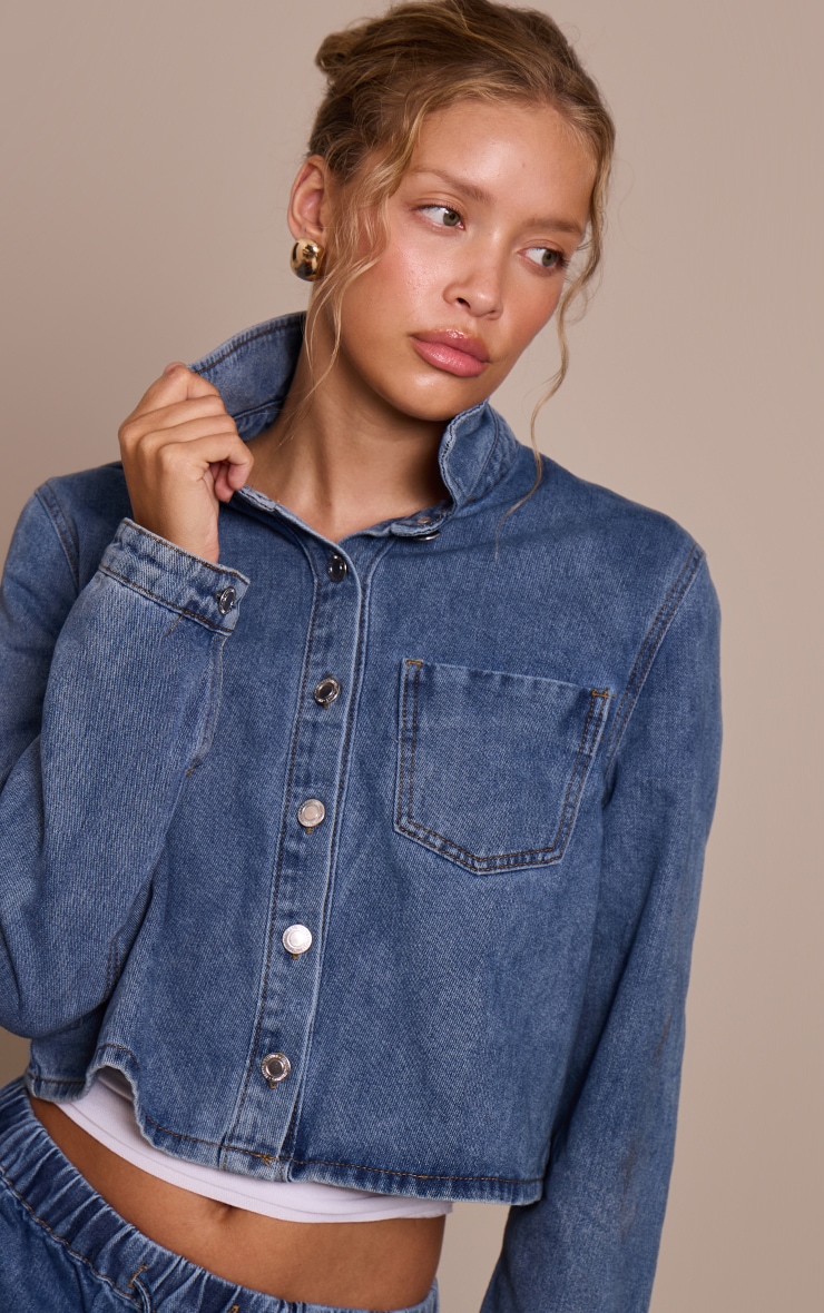  Mid Blue Wash Relaxed Long Sleeve Cropped Denim Shirt image 1