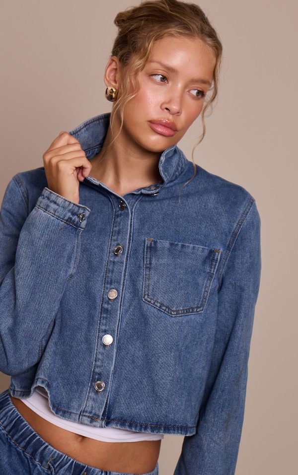 Bleu moyen délavé Décontracté Manches longues Cropped Denim Chemise