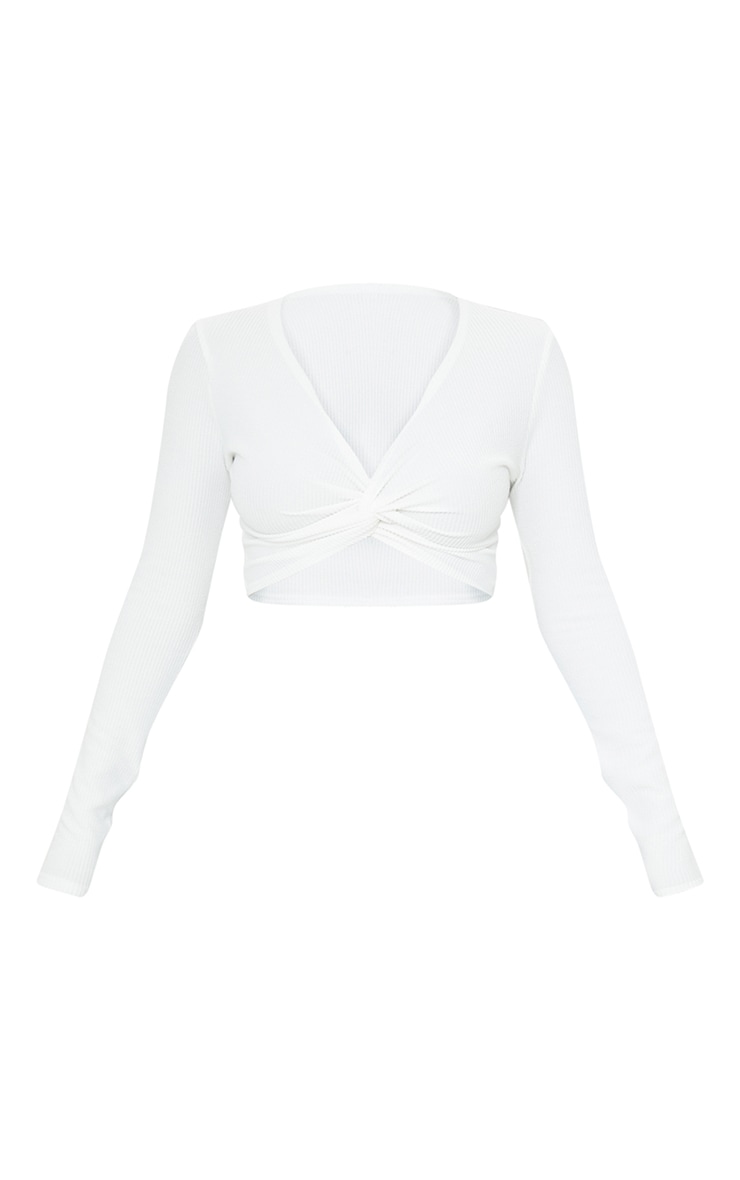 Cream Textured Rib Twist Front Long Sleeve Crop Top image 2