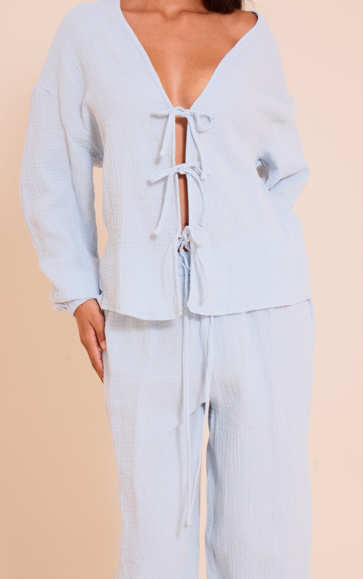 Petite Baby Blue Cheesecloth Textured Tie Front Shirt image 4