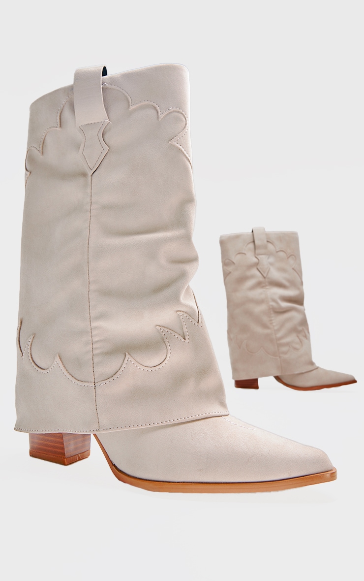 Camel Faux Suede Point Toe Block Heel Fold Over Western Boots image 3