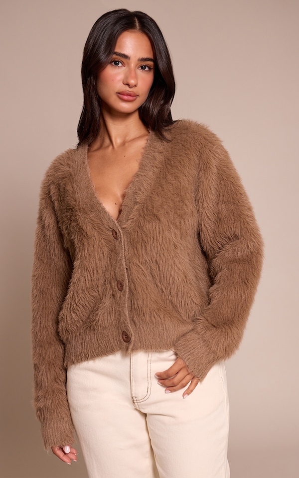 Petite Taupe Fluffy Knit V Neck Cardigan