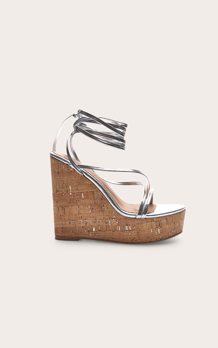 Silver Pu Strappy Lace Up High Heel Cork Wedges image 2