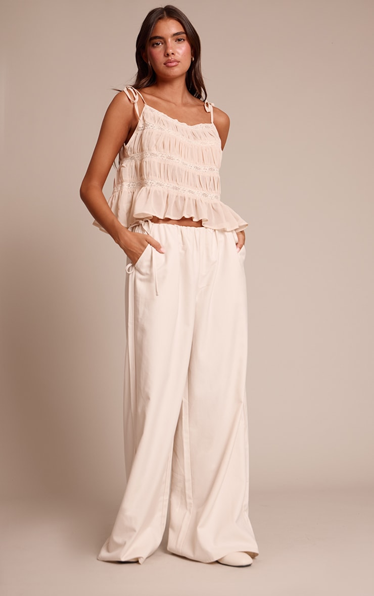 Cream Woven Side Tie Detail Wide Leg Pants | Bottoms | PLT USA