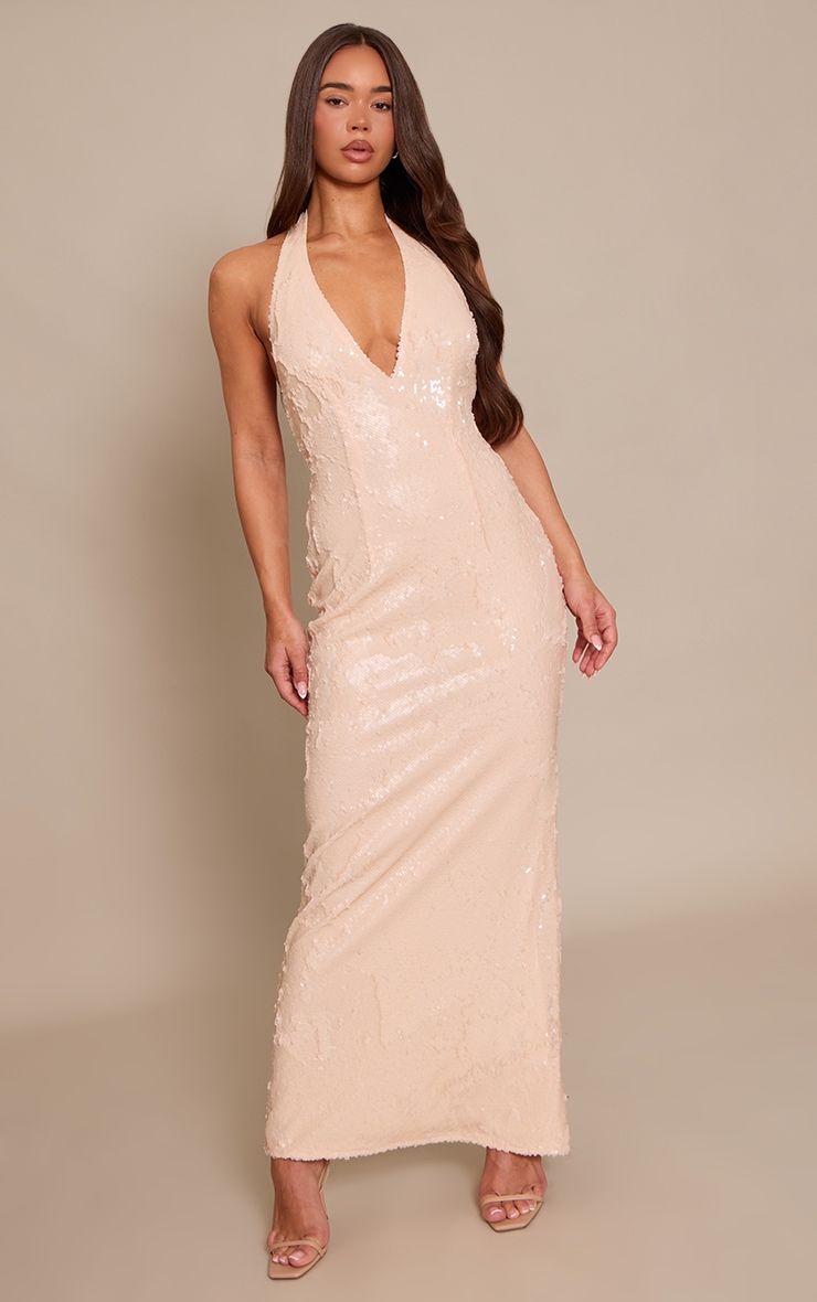 Cream Sequin Halterneck Maxi Dress