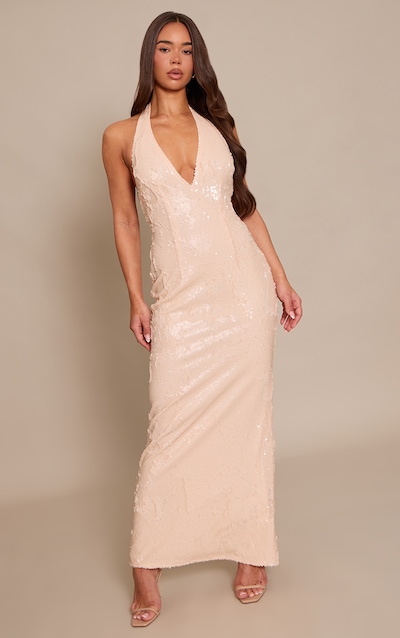 Cream Sequin Halterneck Maxi Dress