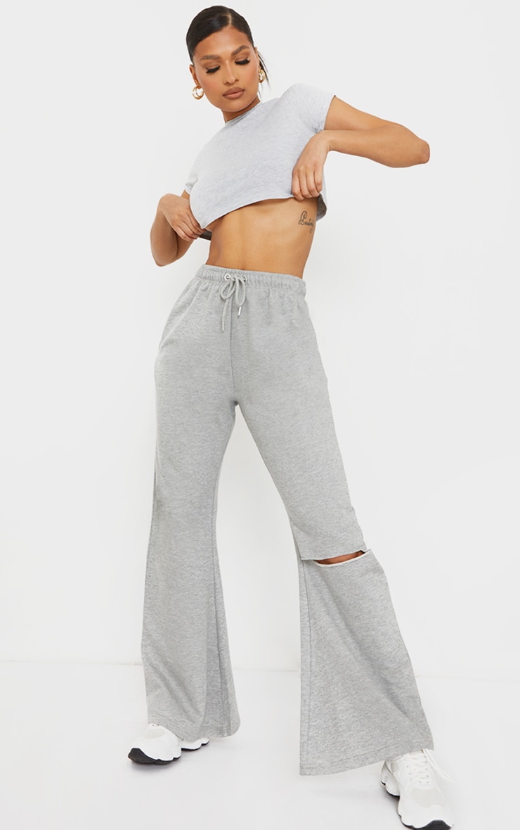 Basic Grey Marl Cotton Blend Roll Sleeve Crop Top image 3