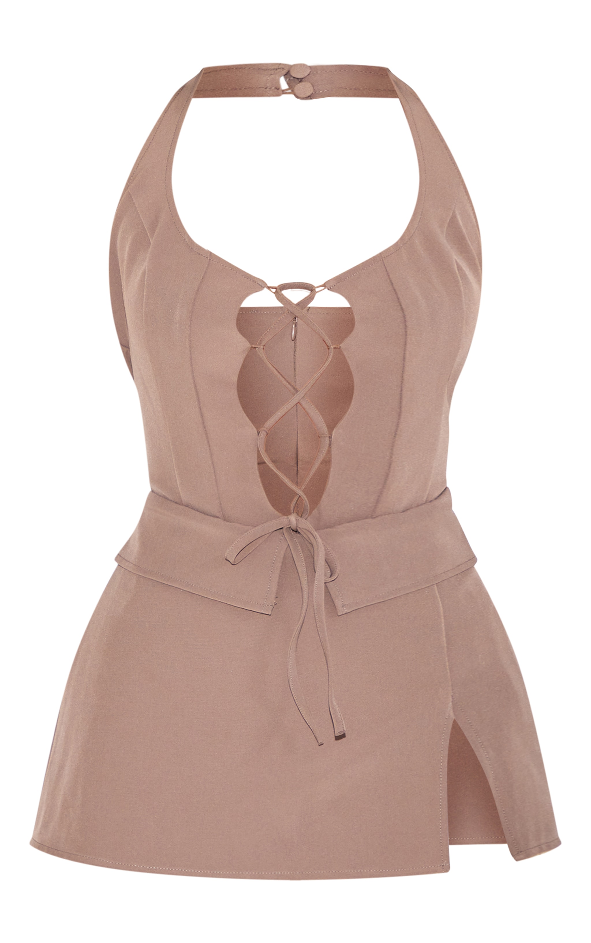 Petite Taupe Woven Lace Up Foldover Detail Mini Dress image 5