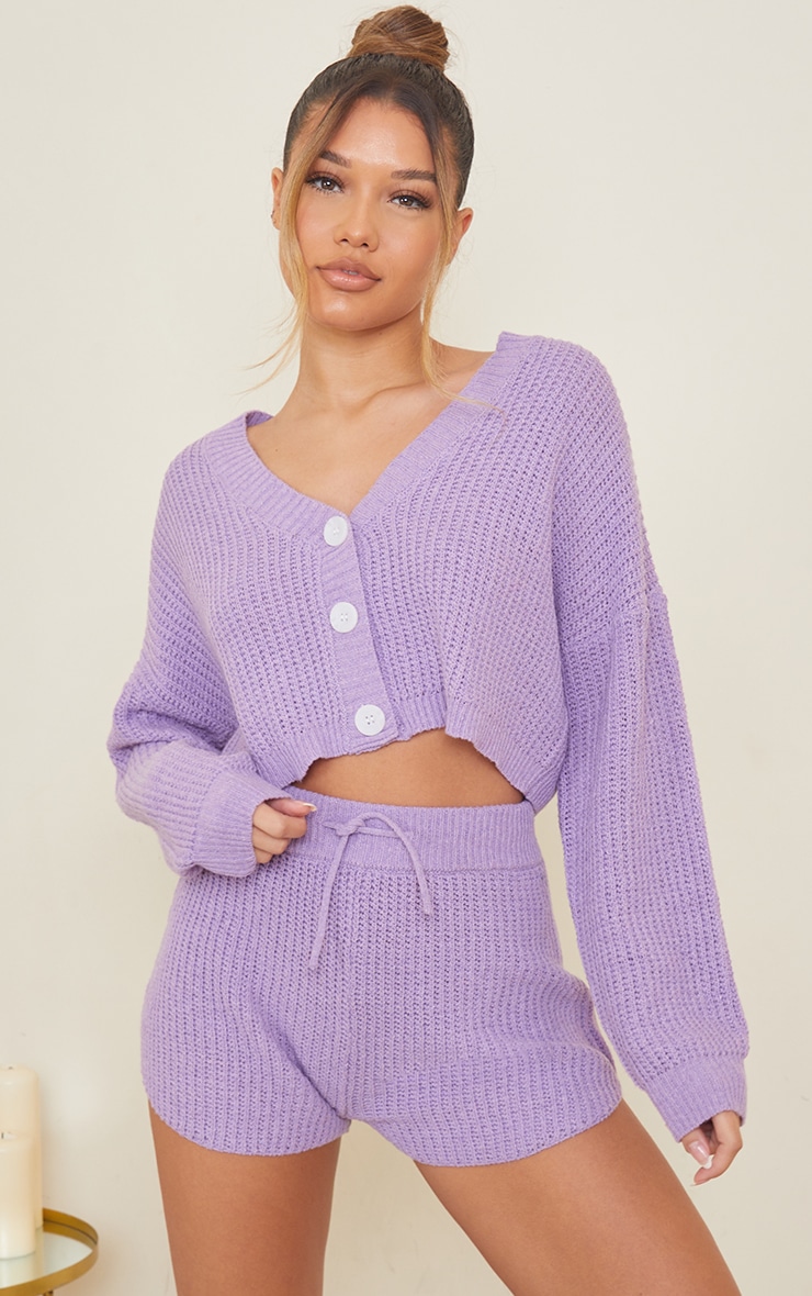 Lilac Button Up Ribbed Knitted Short Lounge Set