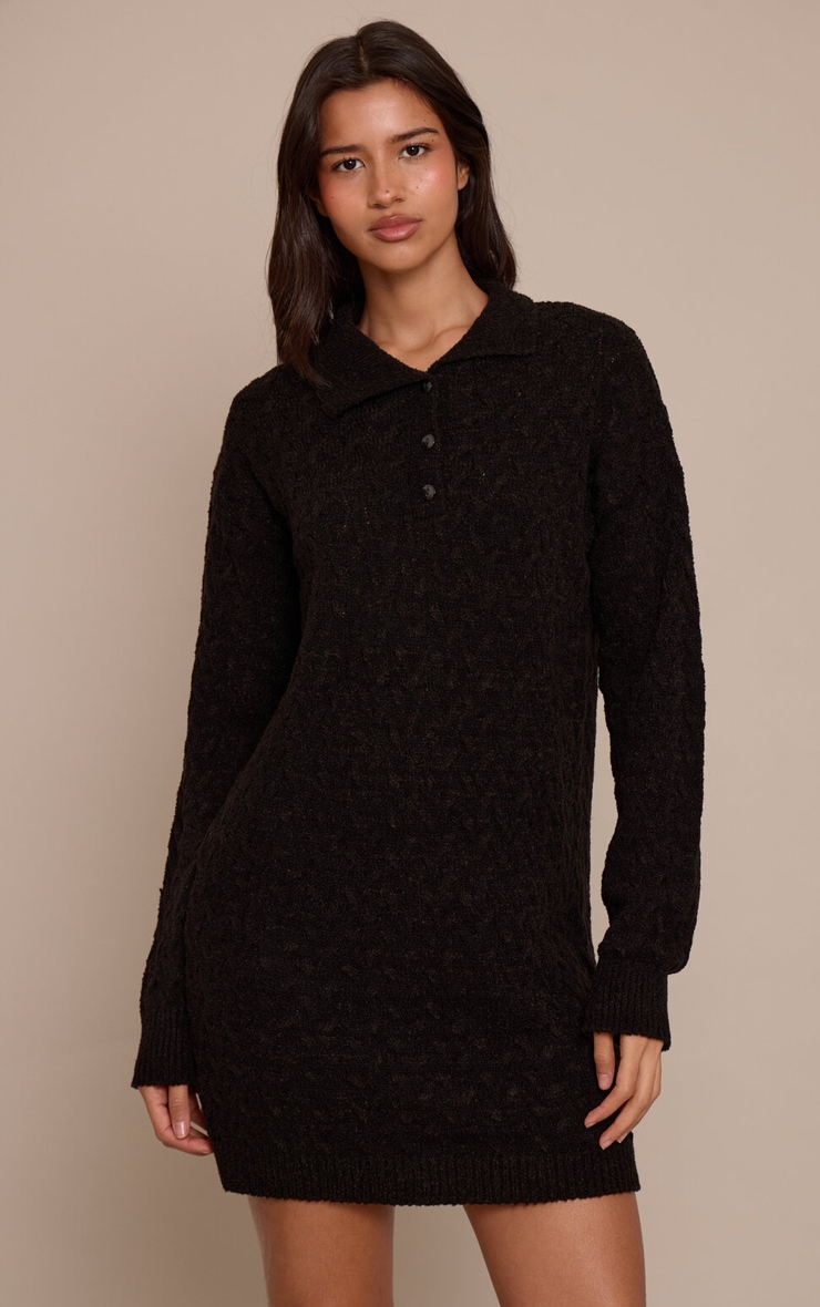 Tall Black Boucle Cable Knit Mini Shirt Dress image 1