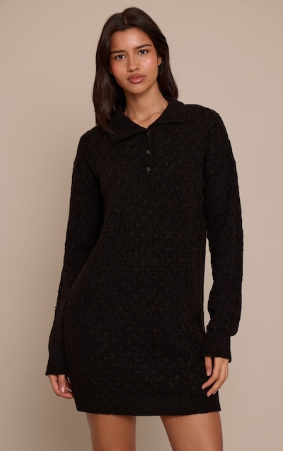 Tall Black Boucle Cable Knit Mini Shirt Dress