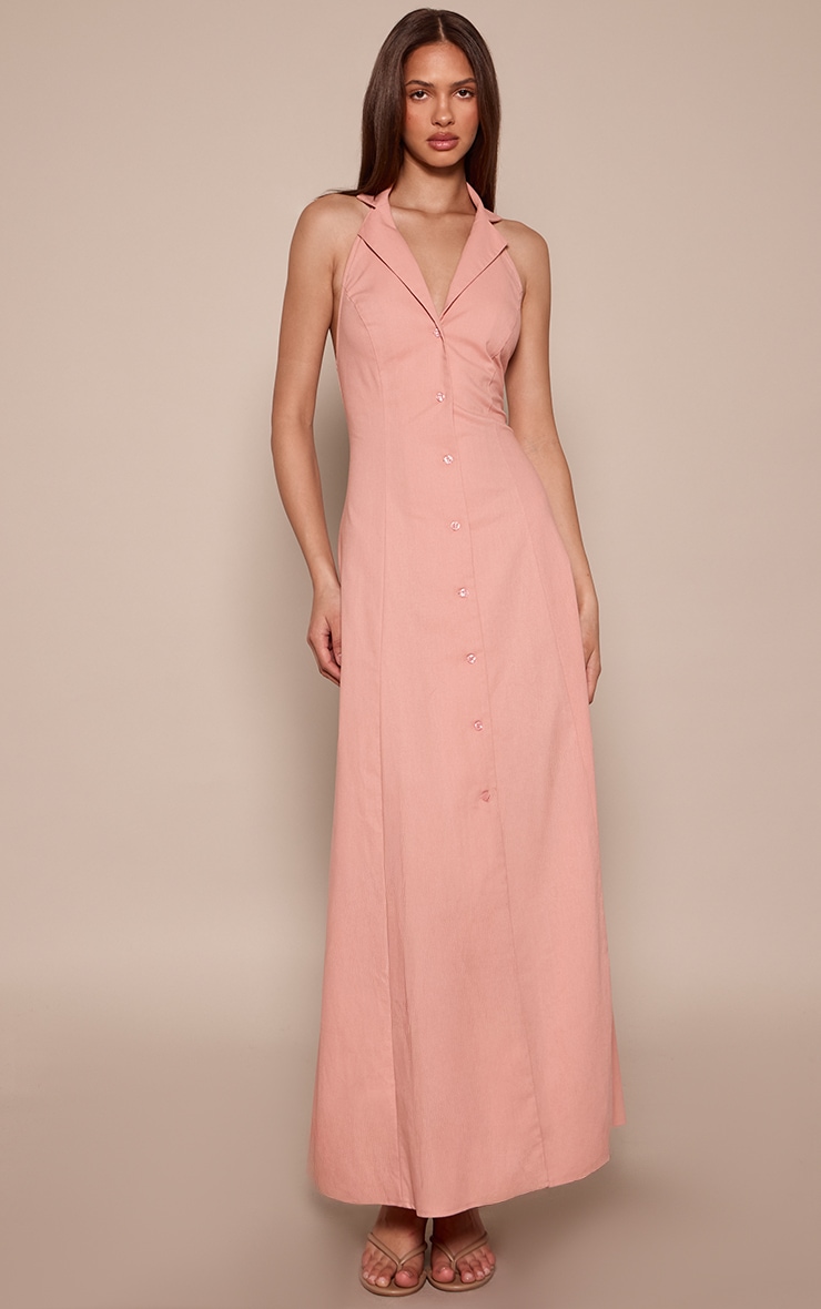 Baby Pink Button Down Collar Detail Maxi Dress