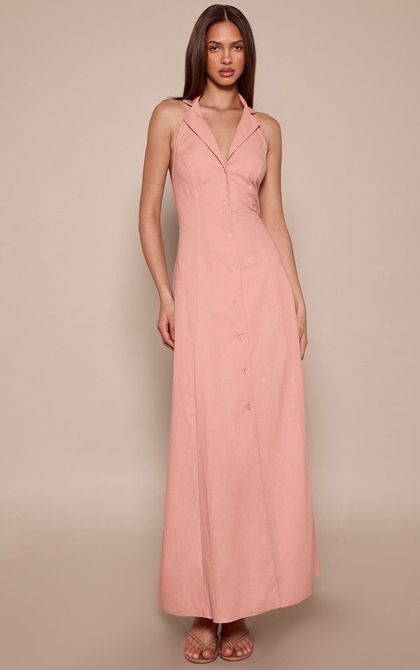 Baby Pink Button Down Collar Detail Maxi Dress