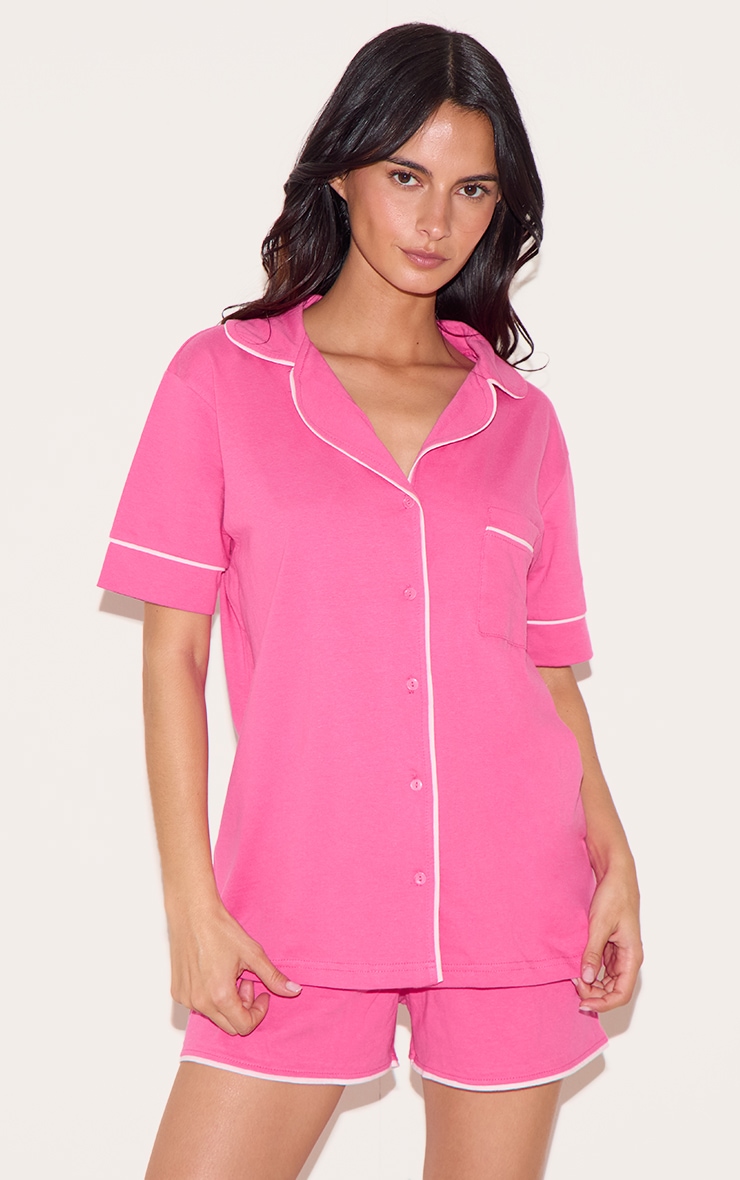 Hot Pink Jersey Piping Detail Short PJ Set image 1