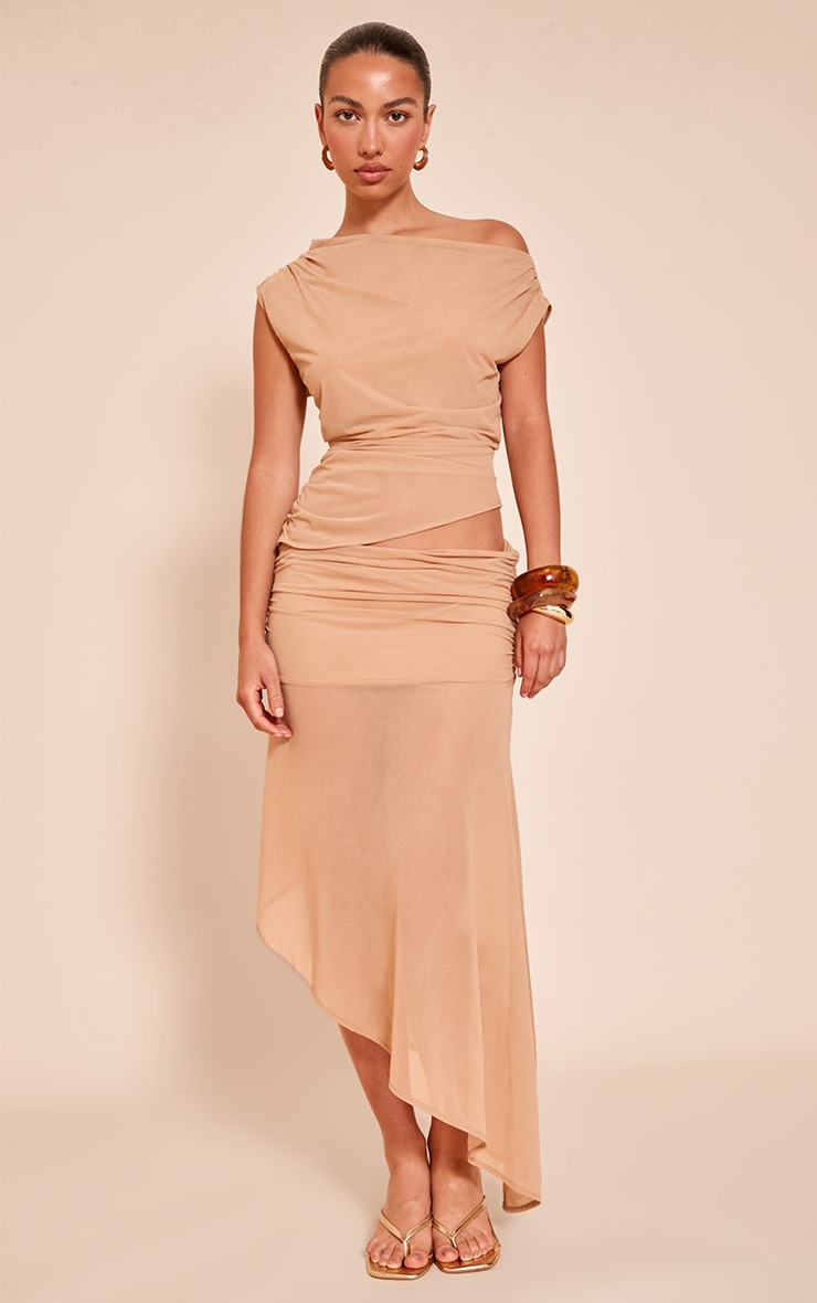 Beige Chiffon Ruched Asymmetrical Top image 3