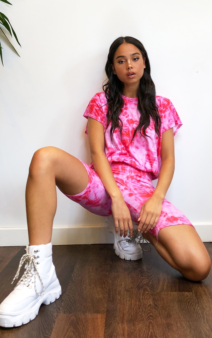 Pink Acid Wash Shoulder Pad Crew Neck Unitard