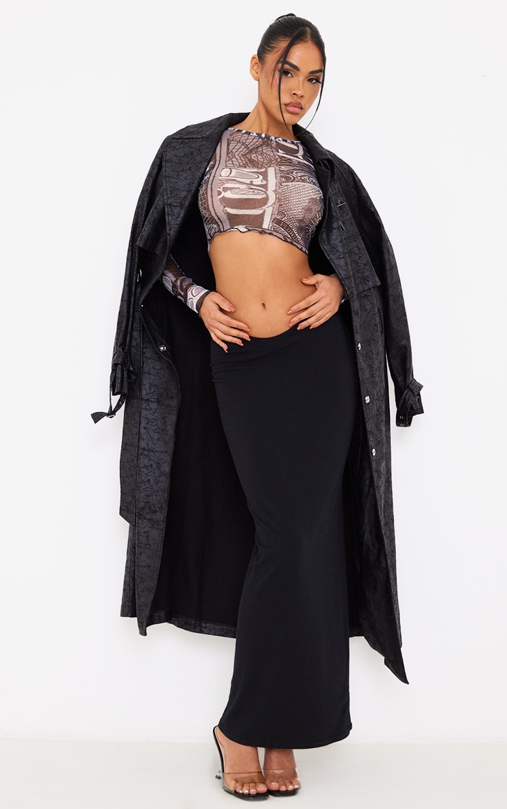 Black Word Print Mesh Long Sleeve Crop Top image 3