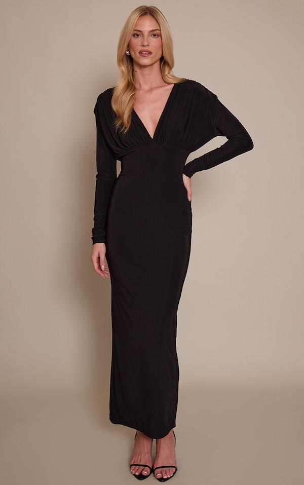 Robe longue moulante doublée noire à manches longue et décolleté