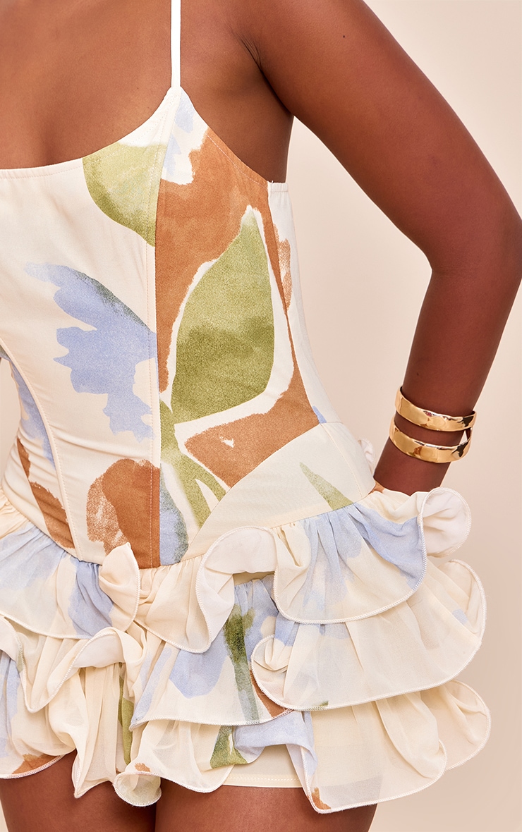 Cream Floral Chiffon Strappy Frill Detail Playsuit image 4