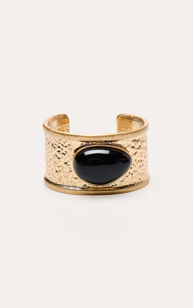 Bracelet manchette texturé doré à pierre noire image 2