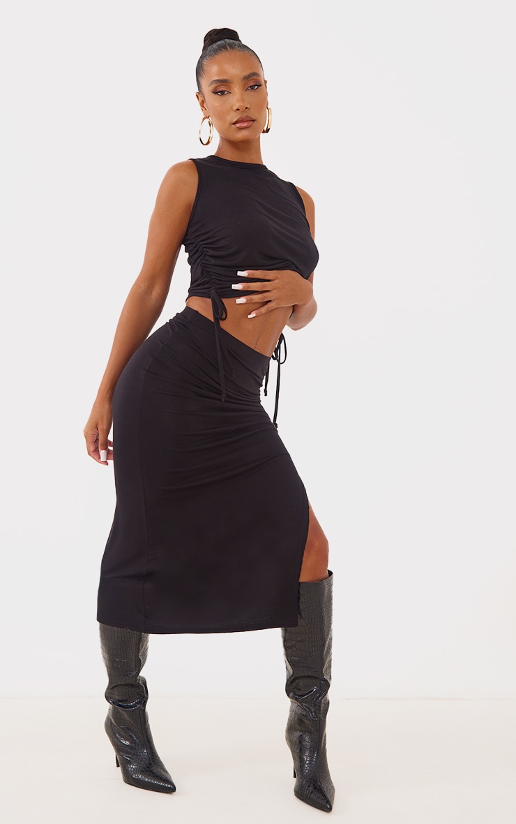 Black Jersey Ruched Side Sleeveless Crop Top image 3