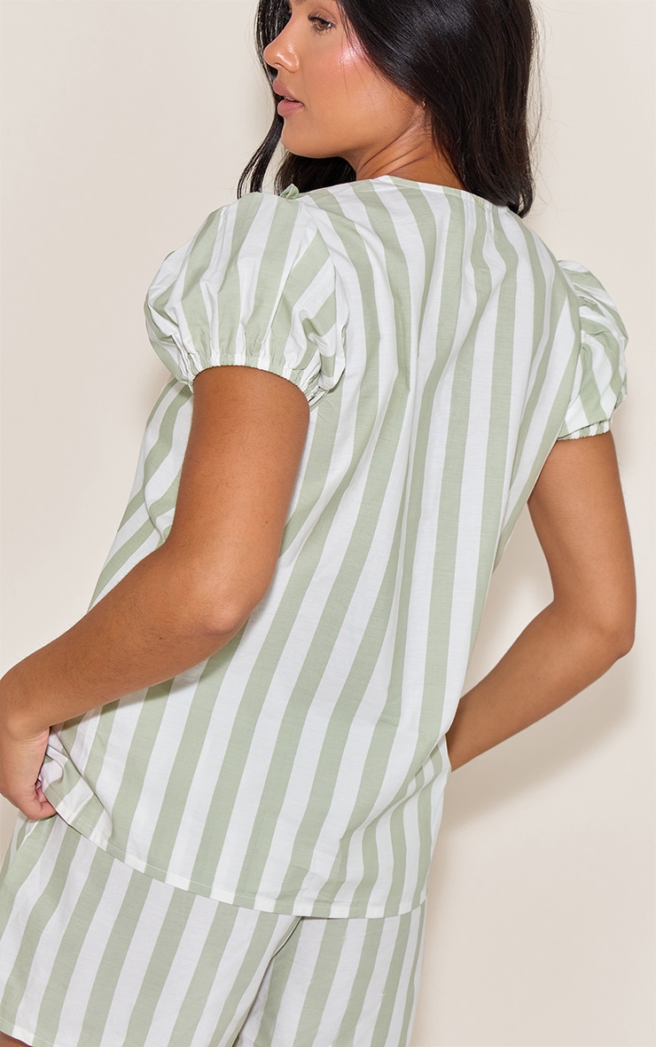 Sage Green Frill Collar Detail Stripe Short Pj Set image 2