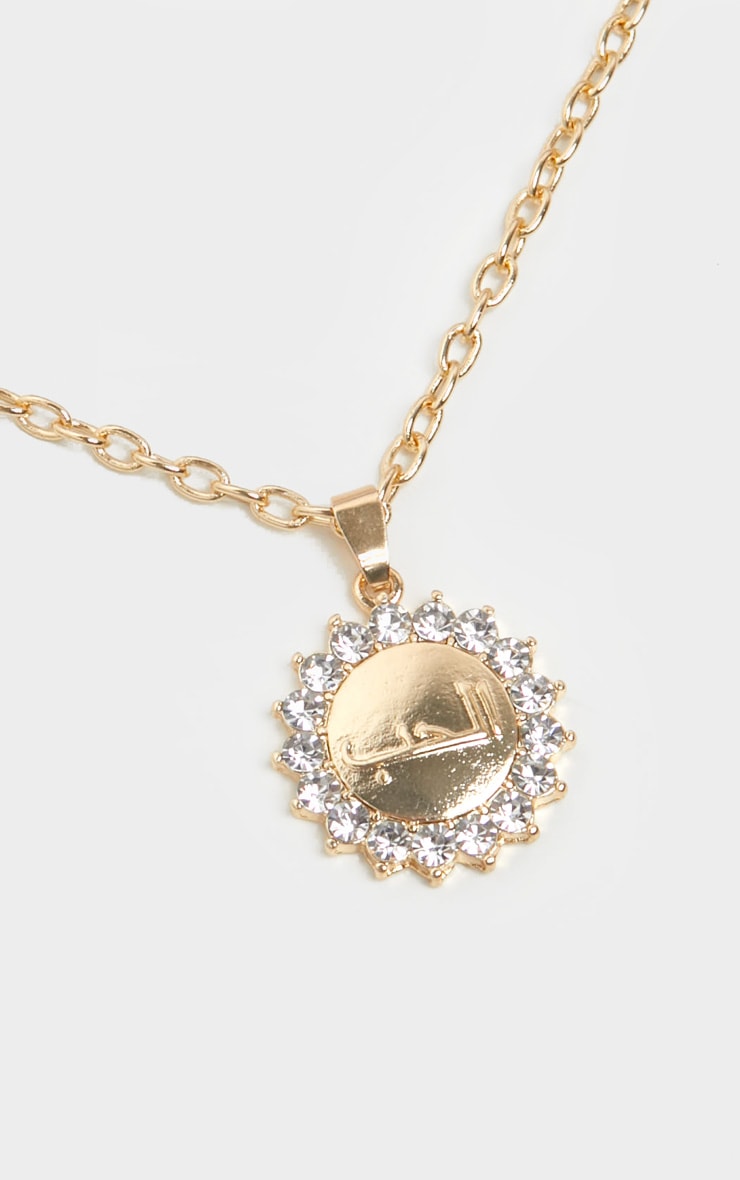 Gold Script Charm Diamante Circle Pendant Necklace