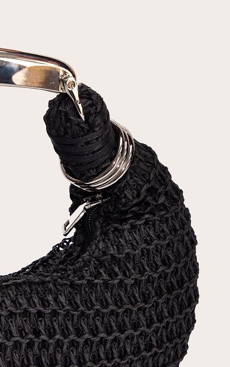 Silver Metal Handle Black Raffia Hand Bag image 5