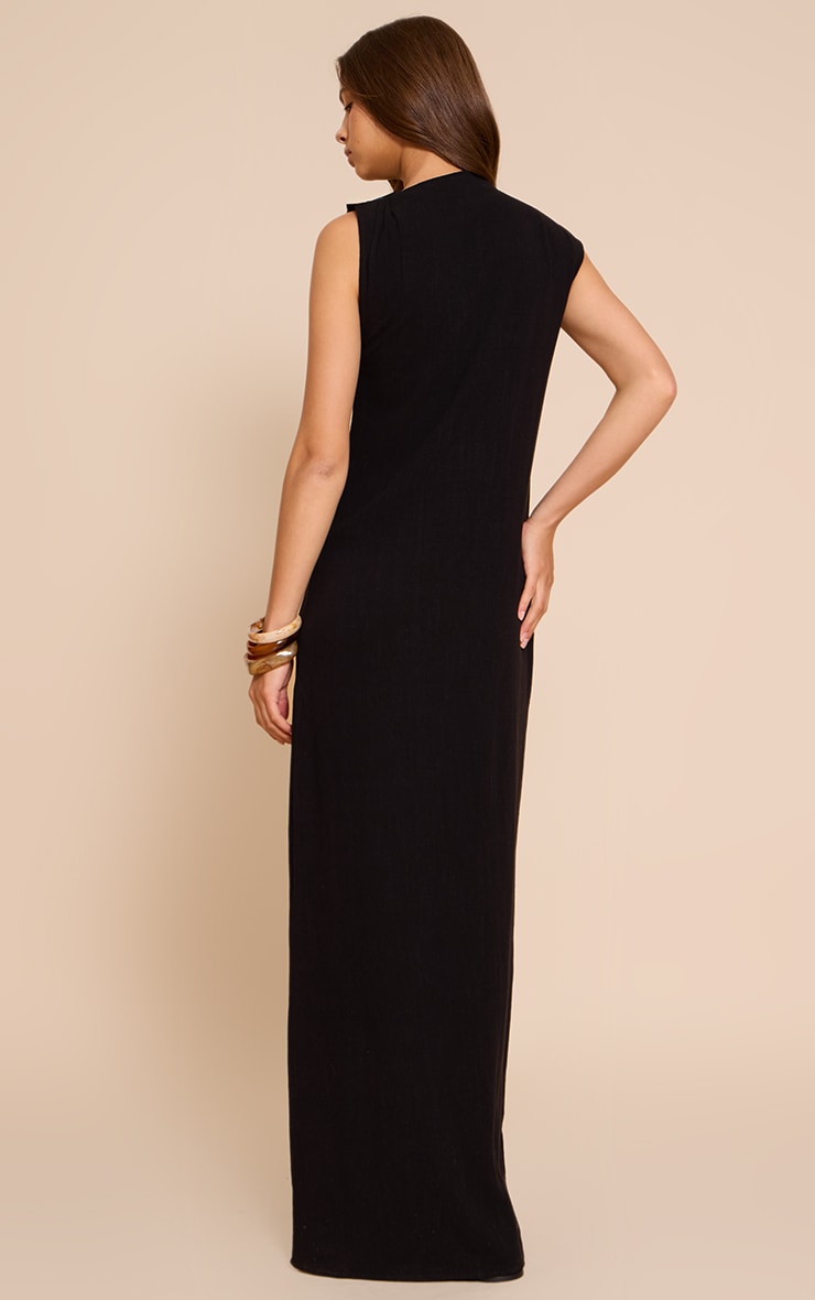 Black Linen Look Sleeveless Drape Neck Detail Maxi Dress image 2