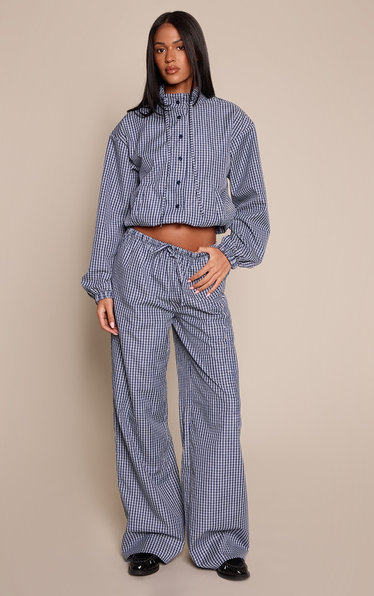 Tall Navy Check Drawstring Wide Leg Trousers