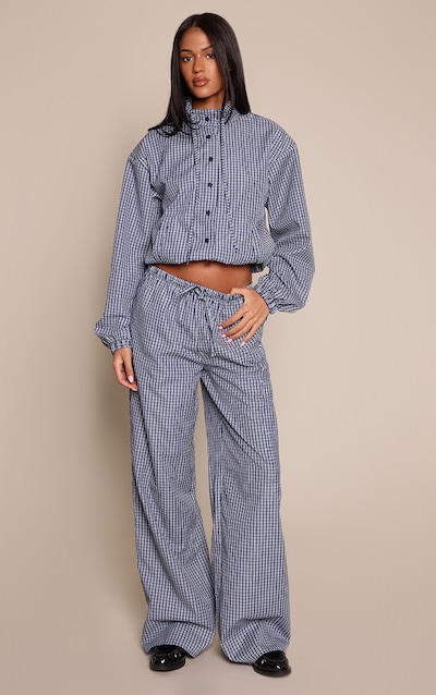 Tall Navy Check Drawstring Wide Leg Trousers
