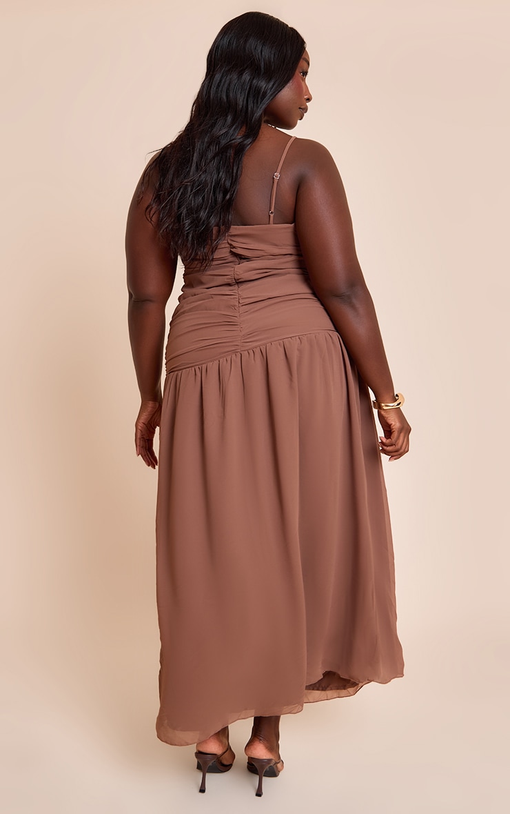 Plus Chocolate Chiffon Ruched Dropped Waist Maxi Dress image 2