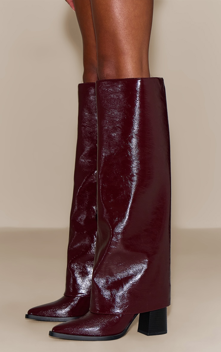 Bottes repliées en PU crêpé bordeaux à talon carré image 1