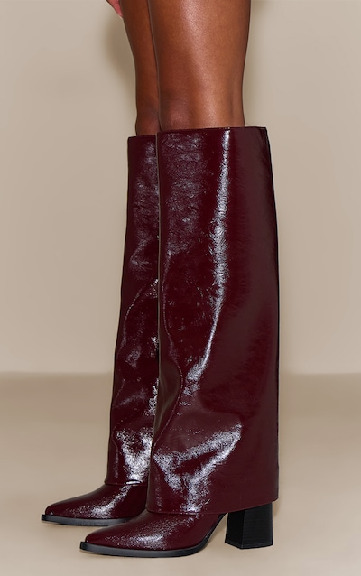Burgundy Crinkle PU Fold Over Block Heel Boot
