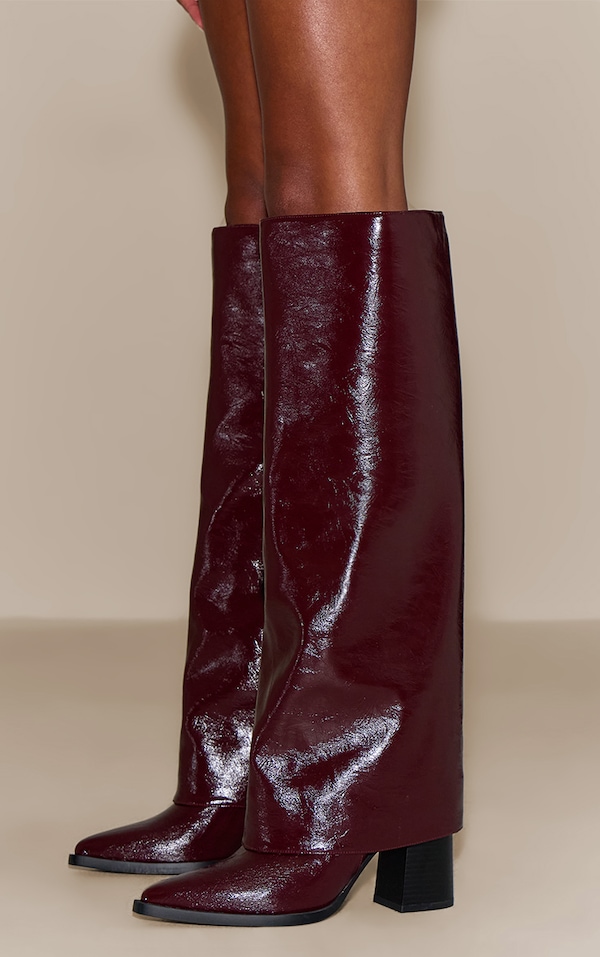 Bottes repliées en PU crêpé bordeaux à talon carré