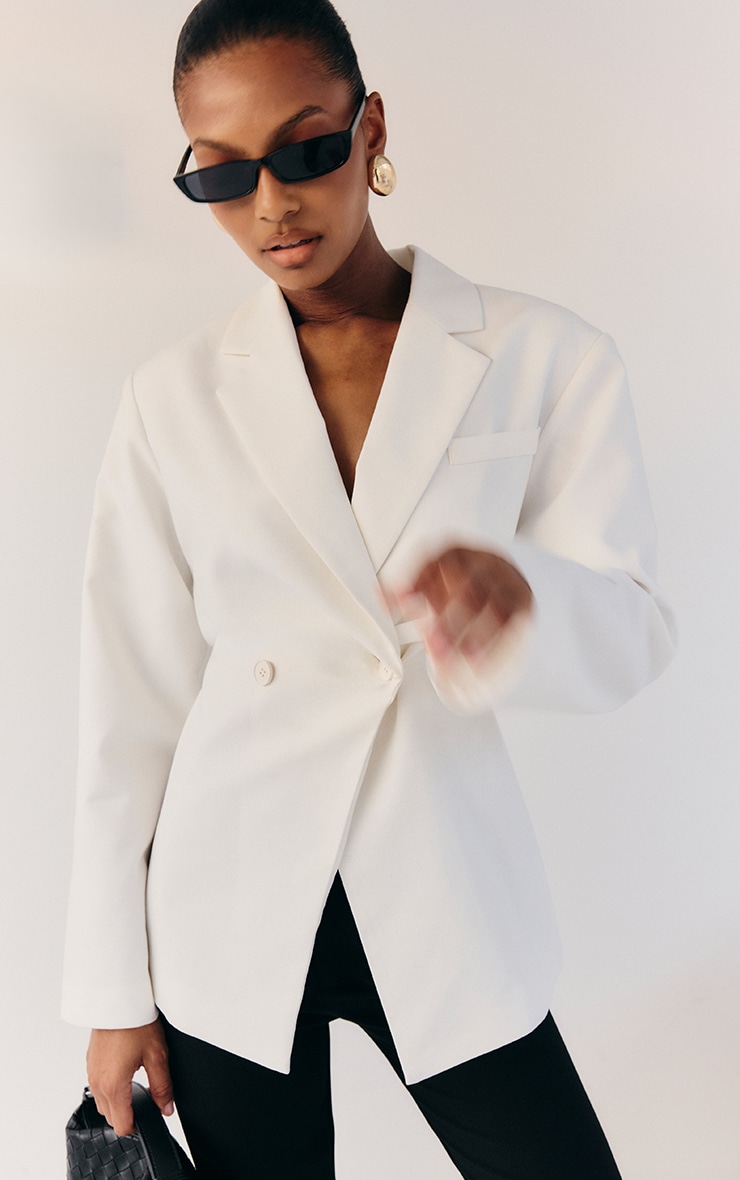 White Linen Look Tailored Cinched Waist Blazer image 5